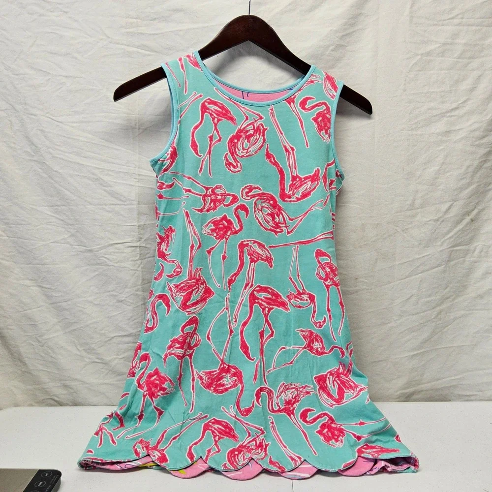 Three Friends Reversible Dress Kids Size 14 Teal Pink Flamingo Palm Tree Scallop